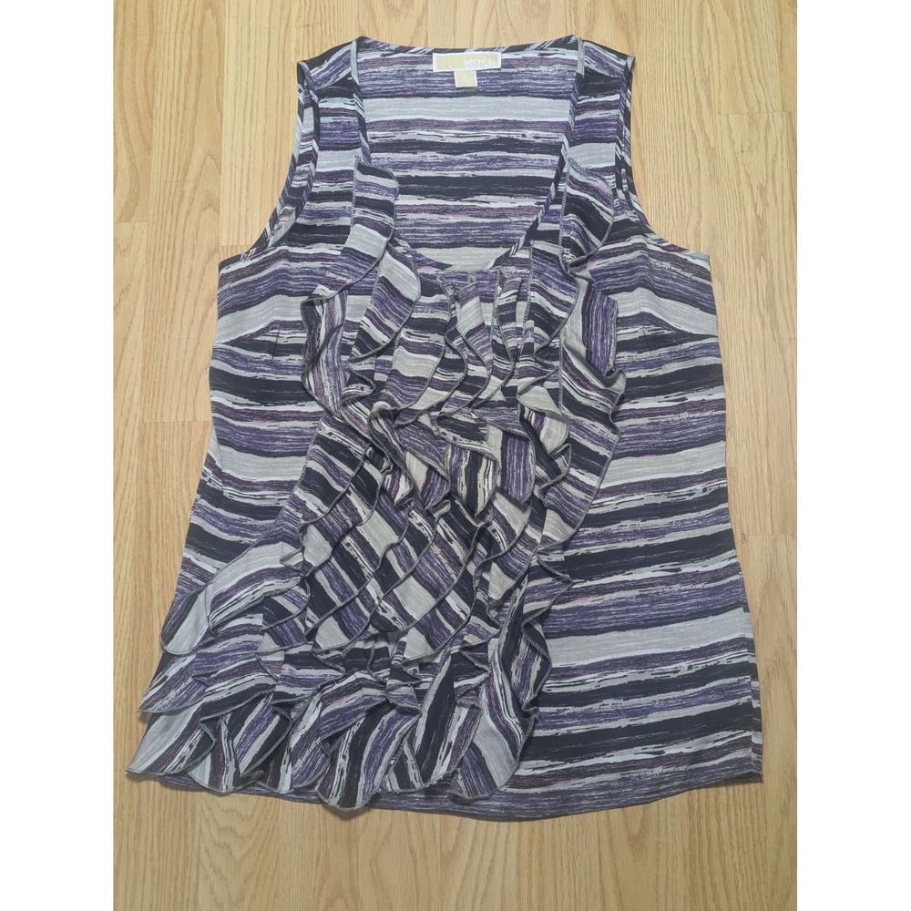 Michael Kors Womens Ruffle Front Sleeveless Striped Blouse Purple 6